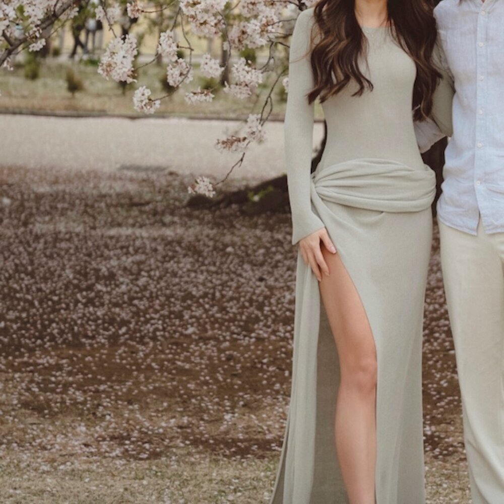 Aya Muse Astra Maxi Dress Gray Sheer Knit Long Sleeve